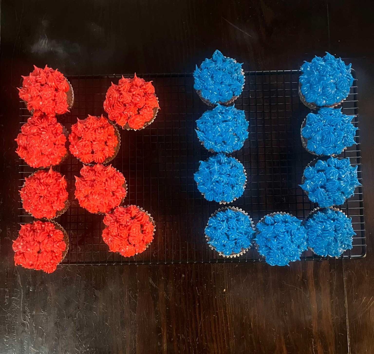 Bright red and blue custom cupcakes