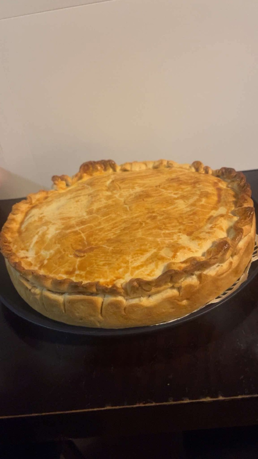 Homemade turkey pot pie from the side
