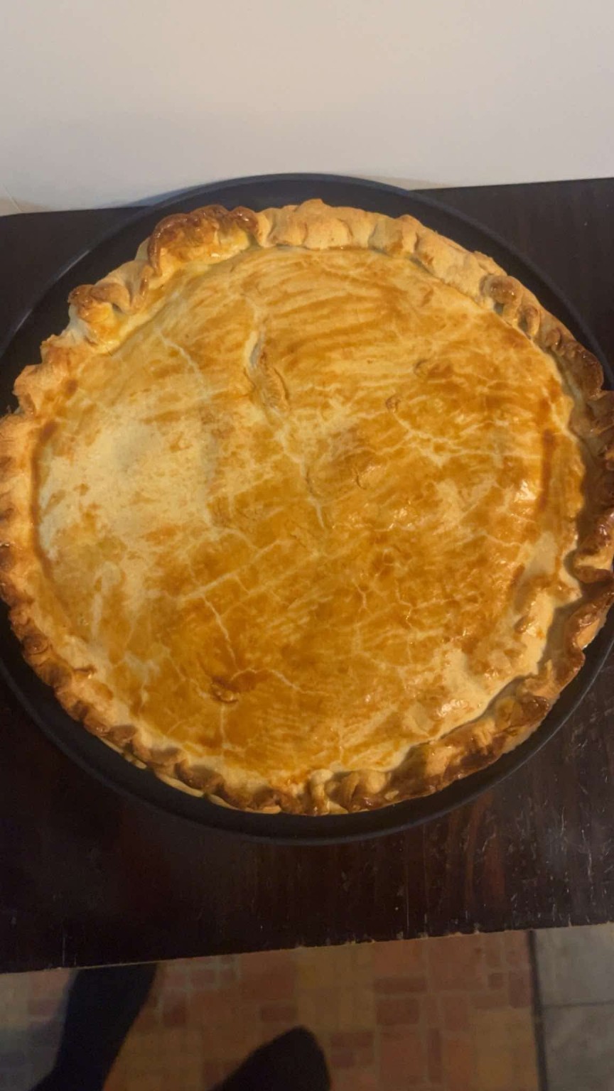 Homemade turkey pot pie viewed from above